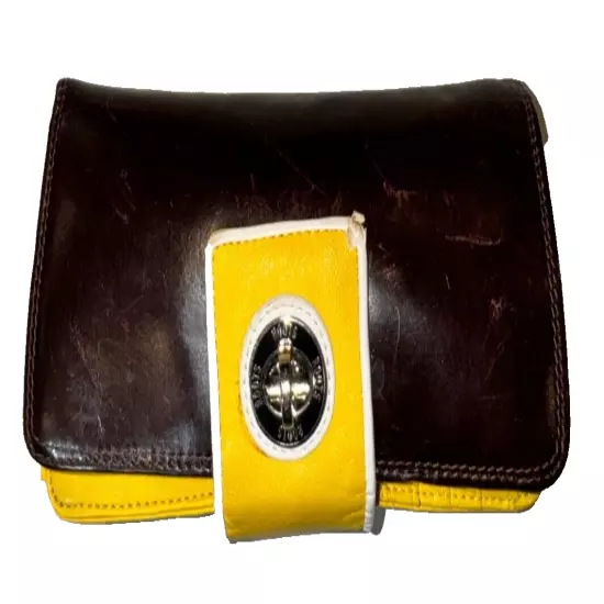 Roots Women's Leather Classic Clutch Trifold Wallet - Black & Yellow - Card & Id