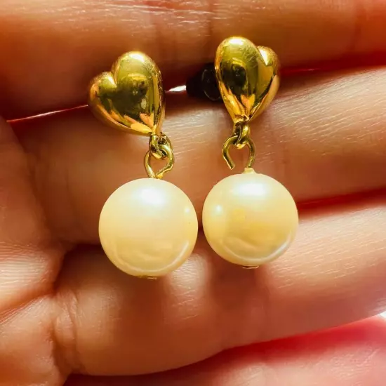 Gold Tone Heart & Pearl Drop Earrings