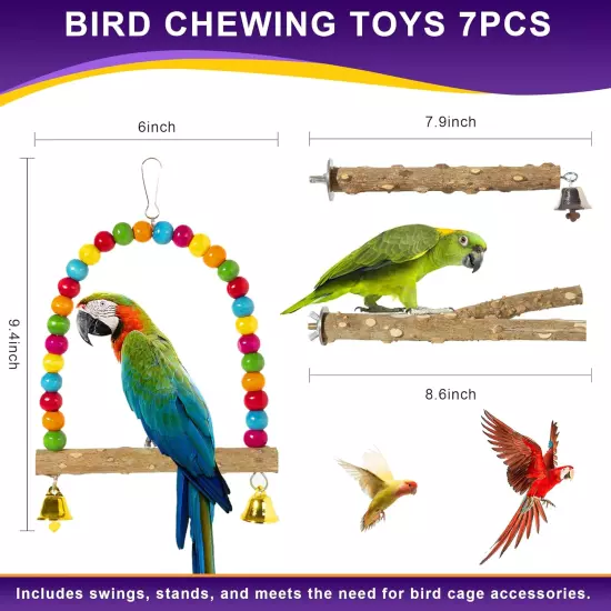 Bird Perch Parakeet Chewing Toys 7PCS - Parrot Cage Accessories Stuff, Natural W