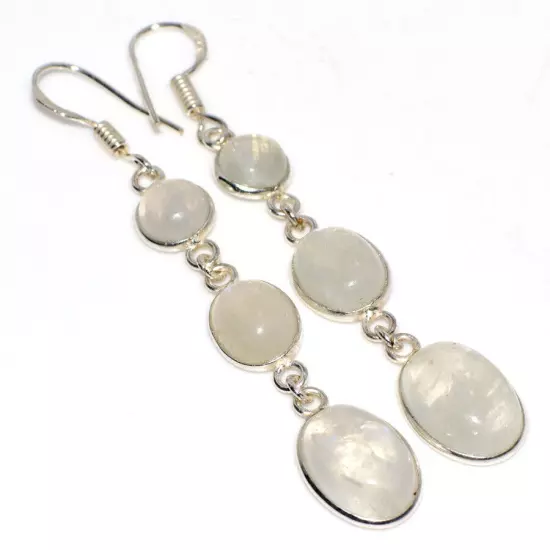 Rainbow Moonstone 925 Silver Plated Long Earrings 2.7" New Arrival GW