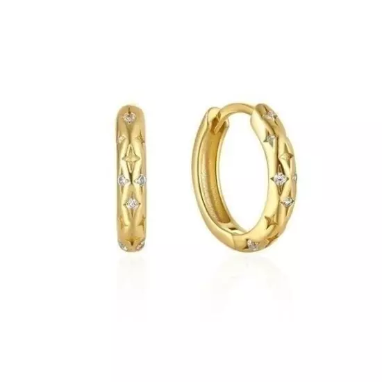 Celestial Gold Tiny Huggie Hoop Earrings Star Engraved Cubic Zirconia Dainty