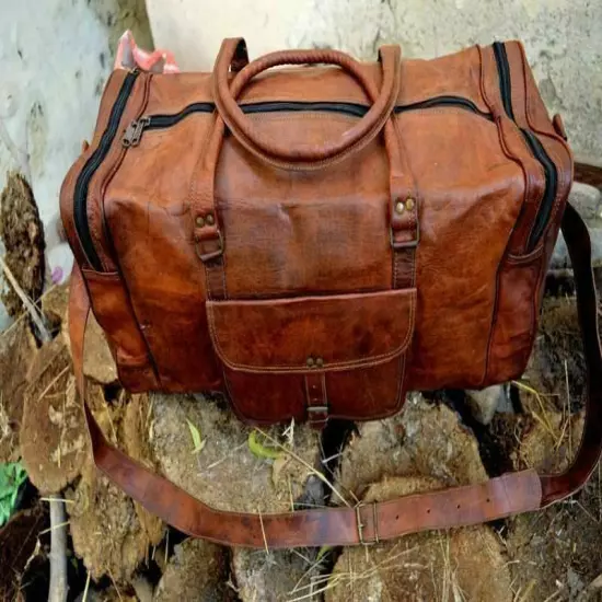 Vintage Genuine Goat Brown Leather Travel Luggage Duffel Weekender Overnight Bag