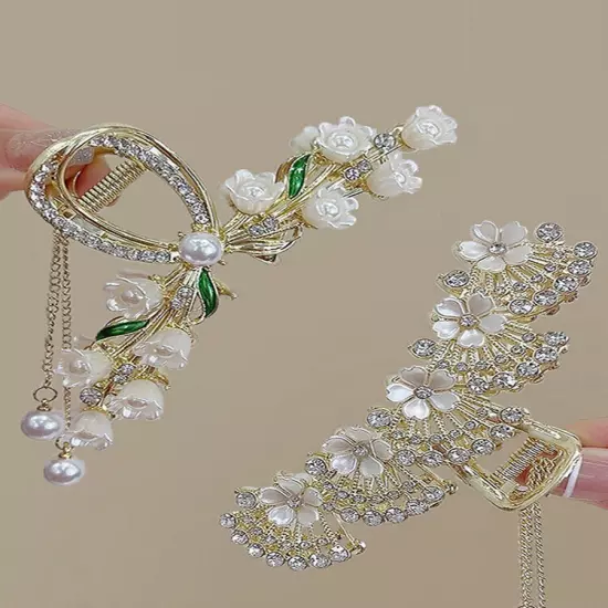 Large Rhinestone Hair Claw Pearl Flower Tassels Fan-shaped Metal Ponytail Clip