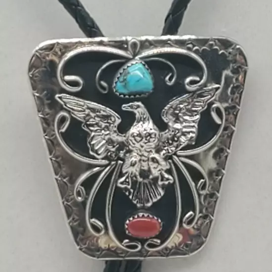 Vintage Handcrafted In USA Bolo Tie With Eagle,Turquoise And Coral Inlay