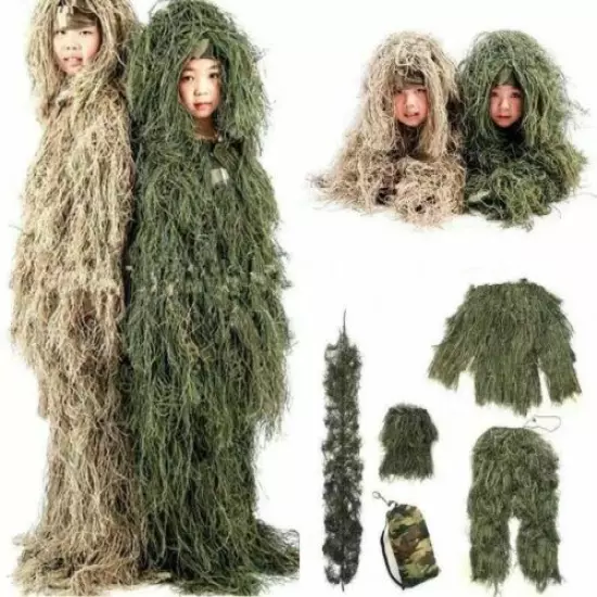 Kids Ghillie Suit Hunting Clothes Camouflage Military Set Camo Poncho Tactical 