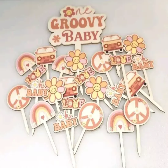 One GROOVY BABY Cake Cupcake Topper Baby Shower Birthday 25 Pc. Boho Hippie