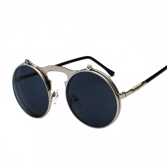 Round Metal Flip Up Sunglasses Retro John Lennon Circle Vintage Unisex Glasses