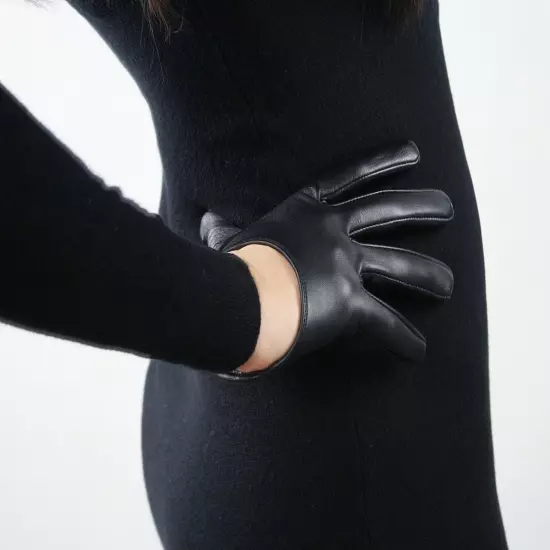 TECH GLOVES Real Leather 13cm Extra Short Lambskin Sheepskin Cut Out Crop BLACK