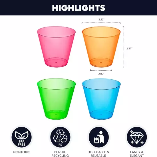 Party Essentials Plastic Cups, 100 Count (Pack of 1), Assorted Neon 