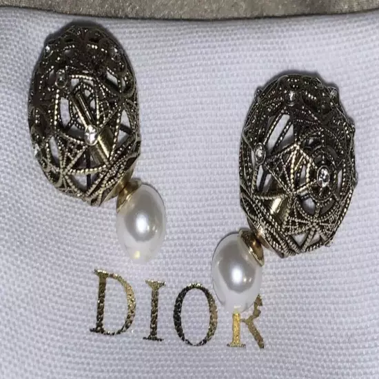 Christian Dior Cannage Caged Crystal Gunmetal Earrings Globe Tribal Tribales