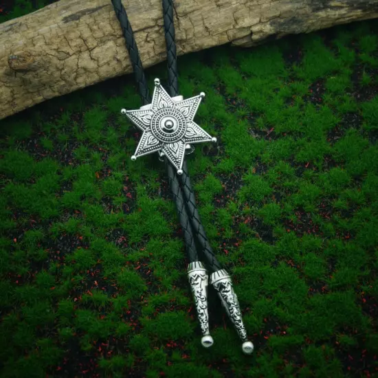 Vintage Men BOLO Tie Hexagonal Star Wedding Necklace Alloy PU Western Cowboy