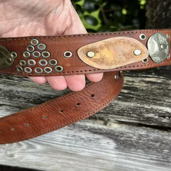 Vintage Handmade Leather Belt Hammered Metals Conchos Western Boho Size 34-36