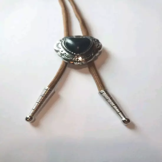 Heart Shape Bolo Tie W/ Choc. Color Stone, 36" 4mm Light Brown Cord, Silver Tips