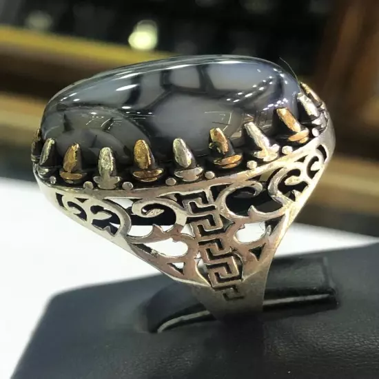 Men Silver Ring 925 Sterling Yemen Aqeeq Agate خاتم عقيق يمني شجري مصور حبة فحل