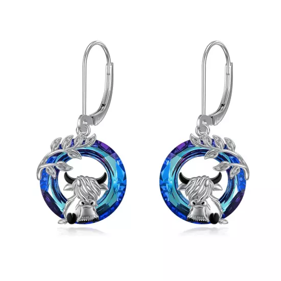 Highland Cow Earrings Sterling Silver Scottish Highland Cow Crystal Dangle Gifts