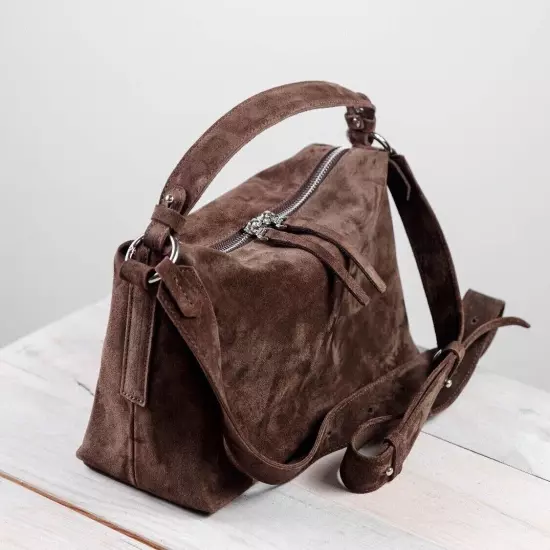 Brown Small Suede Tote Bag Crossbody Hobo Handbag Handmade Underarm Purse