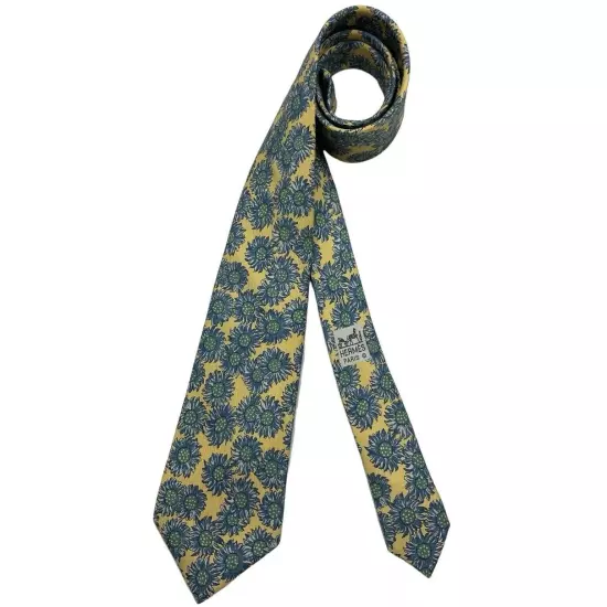 HERMÈS 7287 EA Yellow/Blue Sunflower Silk LUXURY Tie FRANCE