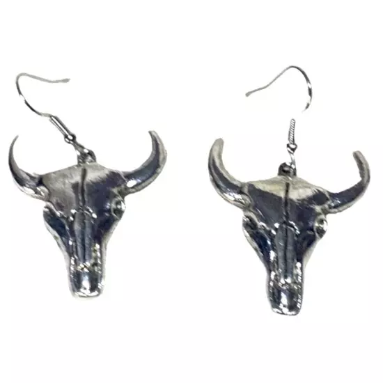 New Cowboy Boho Steer Longhorn Bull Silver-tone Pierced Earrings 2” Long Drop 