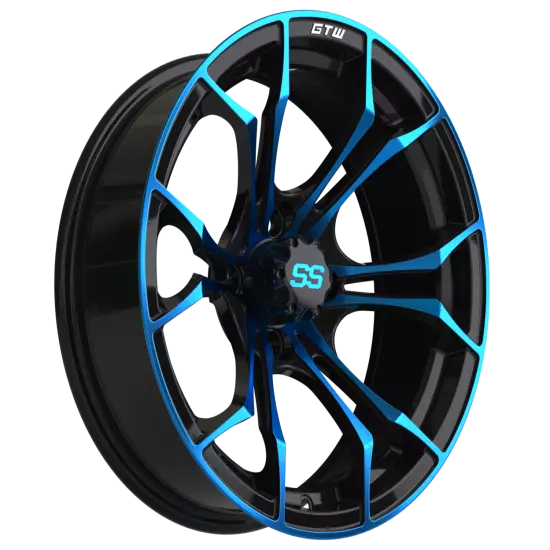 Set of 4 GTW 15" Spyder Blue/Black Golf Cart Wheels on 22" Fusion Street Tires