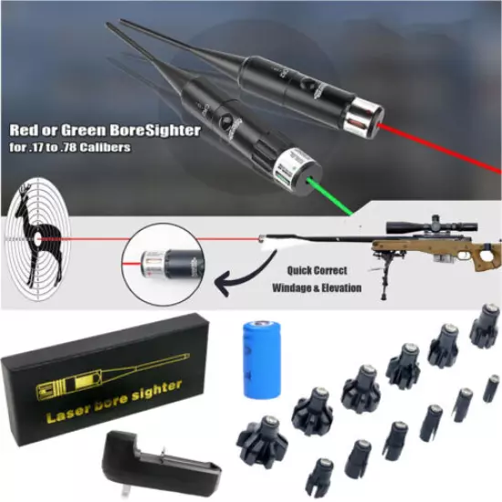 Bore Sight Kit for .177 to 12 ga. Rifles Red/Green Laser Boresighter 12 Adapters