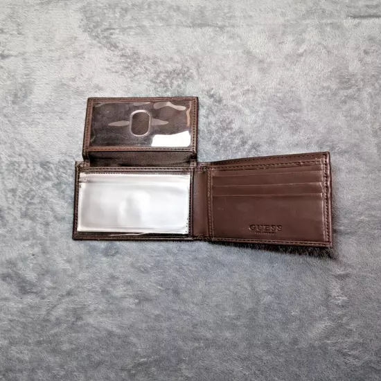 Guess's Men’s Brown Leather Bi Fold Wallet Embossed Graphic Rare Design- No Box