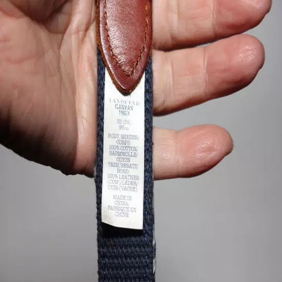 Land's End Blue Webbing/Canvas w/ Tan Leather Tabs Belt - Brass Buckle - Size 38