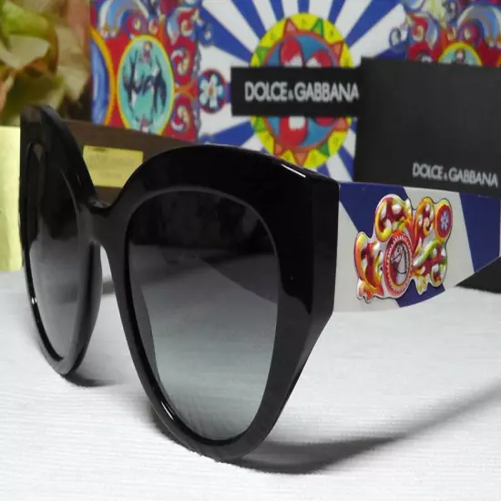 Dolce Gabbana Cat Eye Horse Emblem Sunglasses Colorful Arms Black Front 52-21-14