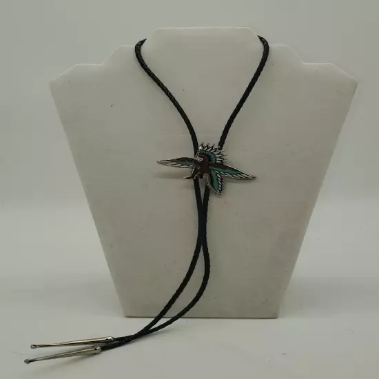 Southwest Bolo Tie With Blue White Red Agate Black Braided Cord 18 In Long