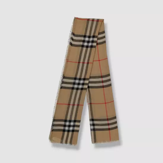 $490 Burberry Unisex Beige Wool Check Fringed Lightweight Scarf