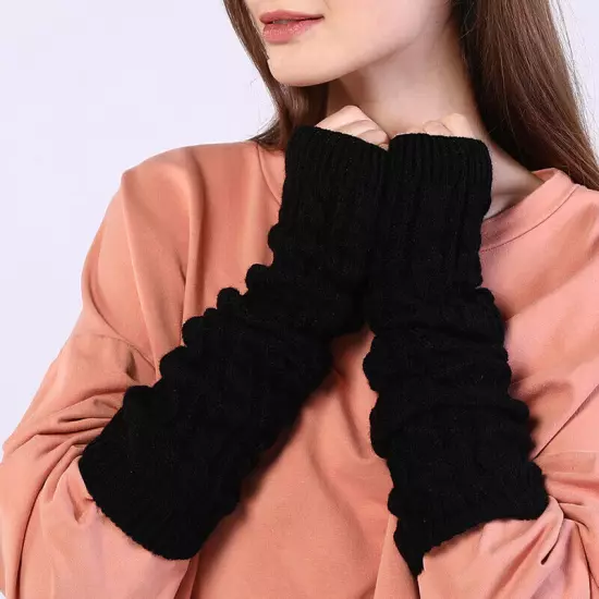 Women Long Half Finger Fingerless Gloves Arm Hand Warmer Knitted Mittens Winter