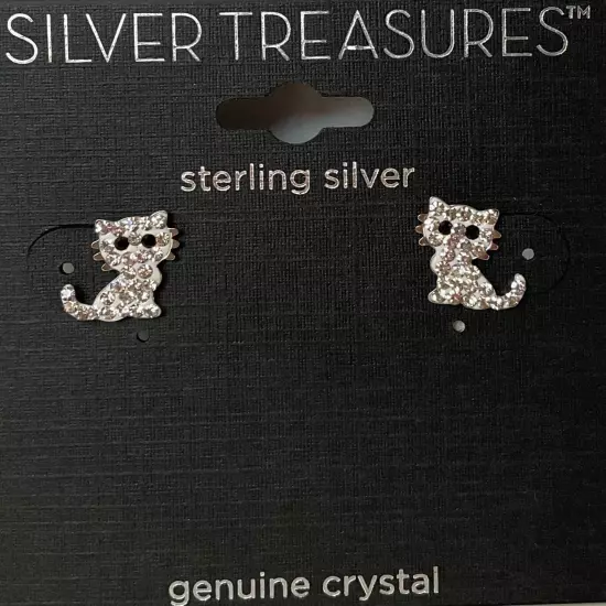 Sterling Silver Kitty Cat Post Earrings Petite Crystal Pave NEW