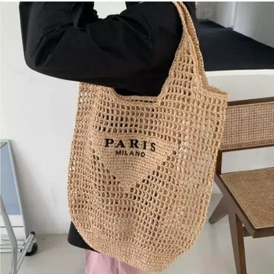 Natural Raffia Knit Tote Bag w Embroidered ‘Paris Milano’ Triangle Design Hobo