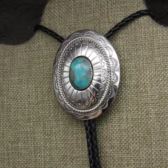 Navajo Hand-Stamped Sterling Silver Turquoise Bolo Tie By Wilbur Musket