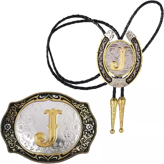 2 Pieces Belt Buckle Bolo Tie Set Golden Initial Letter ABCDMJR to Y Western Cow