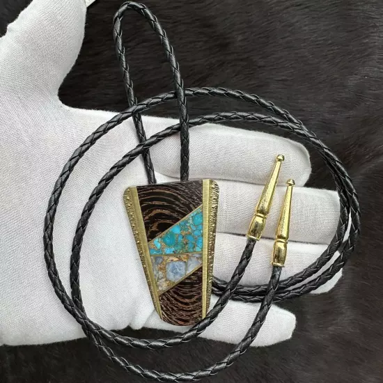 Incredible Vintage Sky West SST Brass Turquoise Gold Wood Inlay Bolo Tie ￼