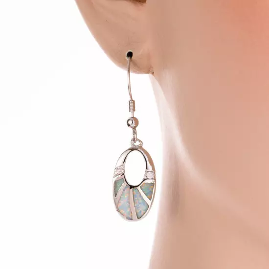 White Fire Opal Oval CZ Silver Jewelry Women Dangle Drop Earrings