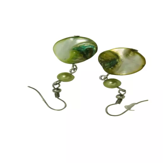 Green Mother of Pearl Dangle Earrings Round Faux Pearl Bead Silver Tone