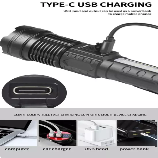 High Power White Laser LED Flashlight Built-in Battery USB Rechargeable Strong