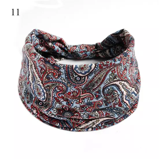 Women Boho Flower Print Wide Headband Vintage Knot Elastic Turban Headwrap *