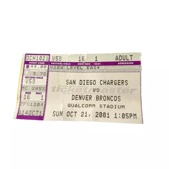 10/21/01 CHARGERS/BRONCOS FOOTBALL TICKET STUB Doug Flutie 2 TD's Griese 1 TD #1