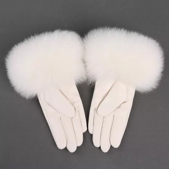 Women Genuine Lambskin Leather Gloves With Real Fox Fur Trim Cuff Winter Warm