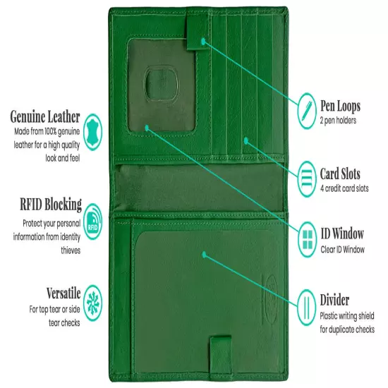 RFID Leather Checkbook Cover With Credit Card Slots and Pen Holder