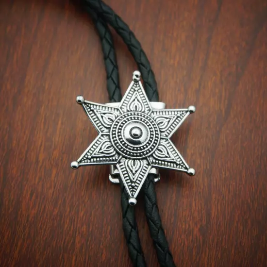 Vintage Men BOLO Tie Hexagonal Star Wedding Necklace Alloy PU Western Cowboy