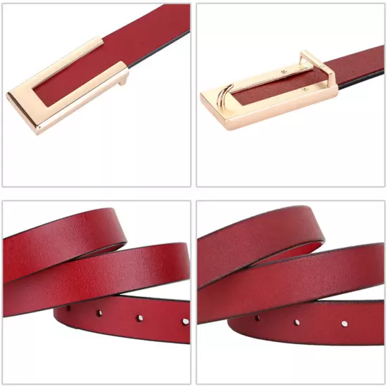 Womens Leather Belt Skinny Waist Belt for Dresses Jeans Pants with Gold Buckle