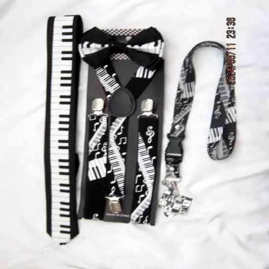 MUSICAL NOTES PIANO KEYS Suspenders,Necktie,Lanyard&matching Bowtie Bow Tie-New!