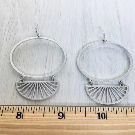 Art Deco Large Hoop Earrings For Women Silver Tone Dangle Drop