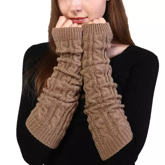 Women Long Half Finger Fingerless Gloves Arm Hand Warmer Knitted Mittens Winter