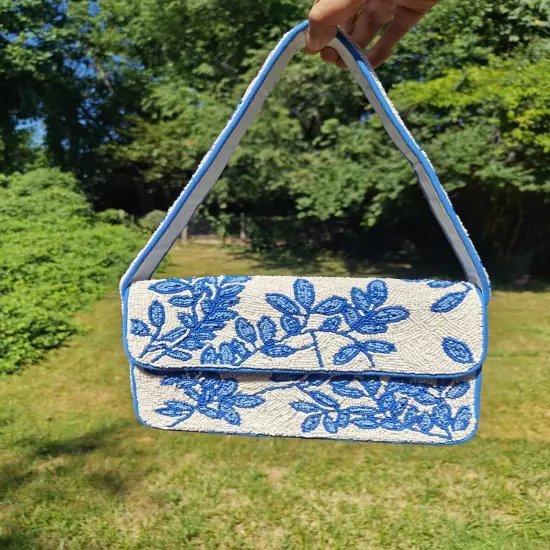 Handmade Blue White Floral Beaded Shoulder Bag