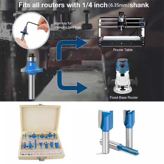 12x Tungsten Carbide Router Bit Set 1/4Inch Shank Milling Cutter for Woodworking