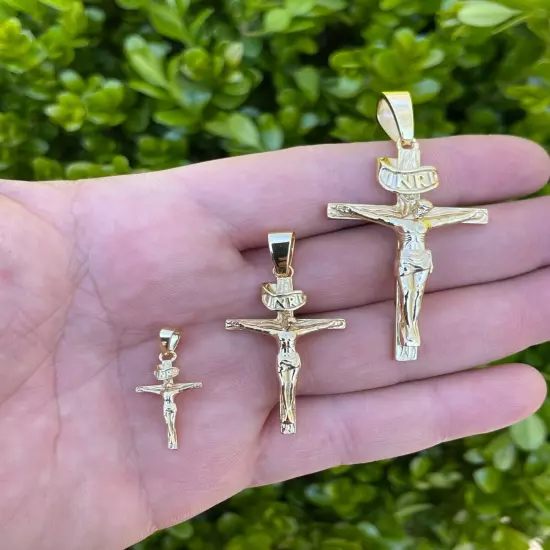 14k Gold Plated Solid 925 Silver Cross Jesus Piece Crucifix Pendant Necklace